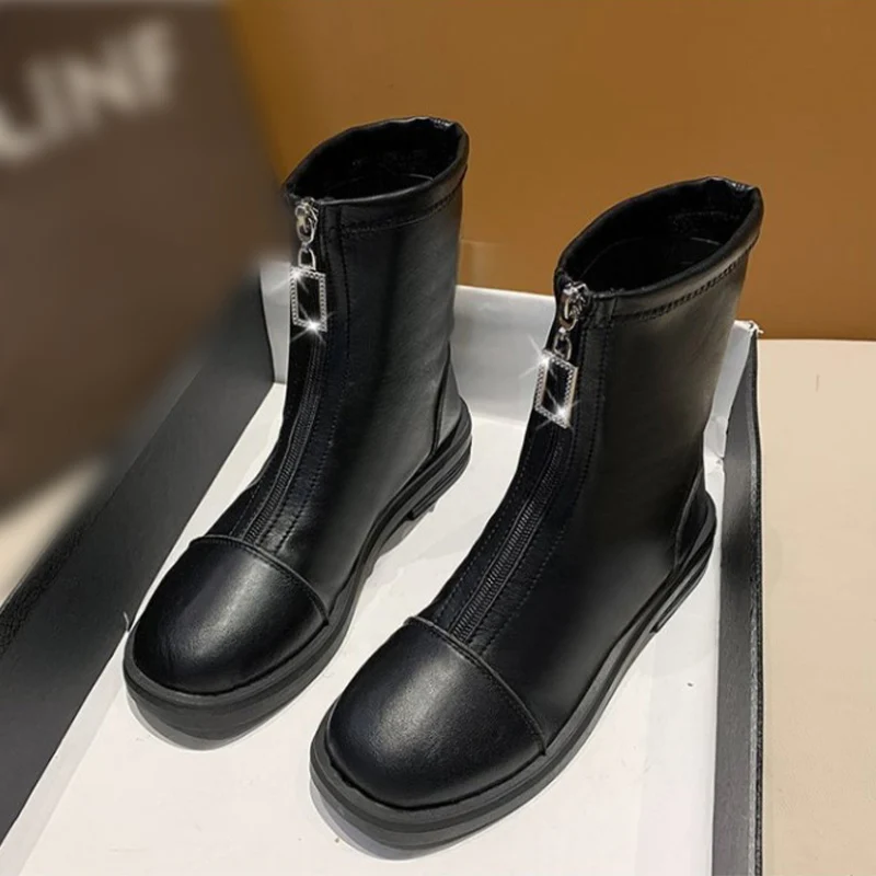 

Women Ankle Boots Black Motorcycle Boots Ladies Footwear Round Toe Front Zipper High Quality Leather Sewing Comfort Females Shoe