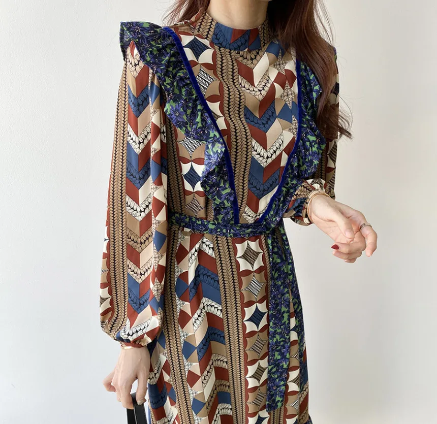 

Spring Vintage printing Lace Up Women Dress Stand Collar Full Sleeve Female Elegant Ruffles casual Long Dress Vestidos