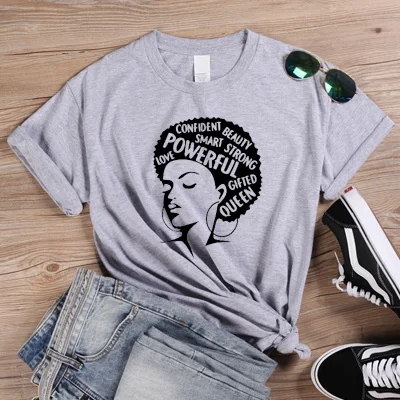 ONSEME Afro Lady Graphic футболки Женская Феминистская футболка Девушка сила королева лето черный розовый Женская футболка Эстетическая одежда Q-882 - Цвет: Gray