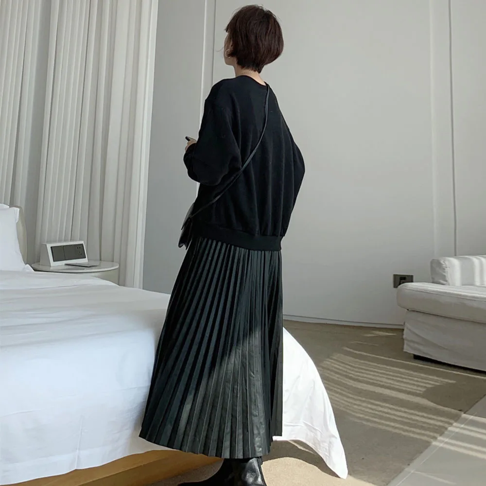 Женское длинное платье однотонное черное худи топы и Лоскутные осенние