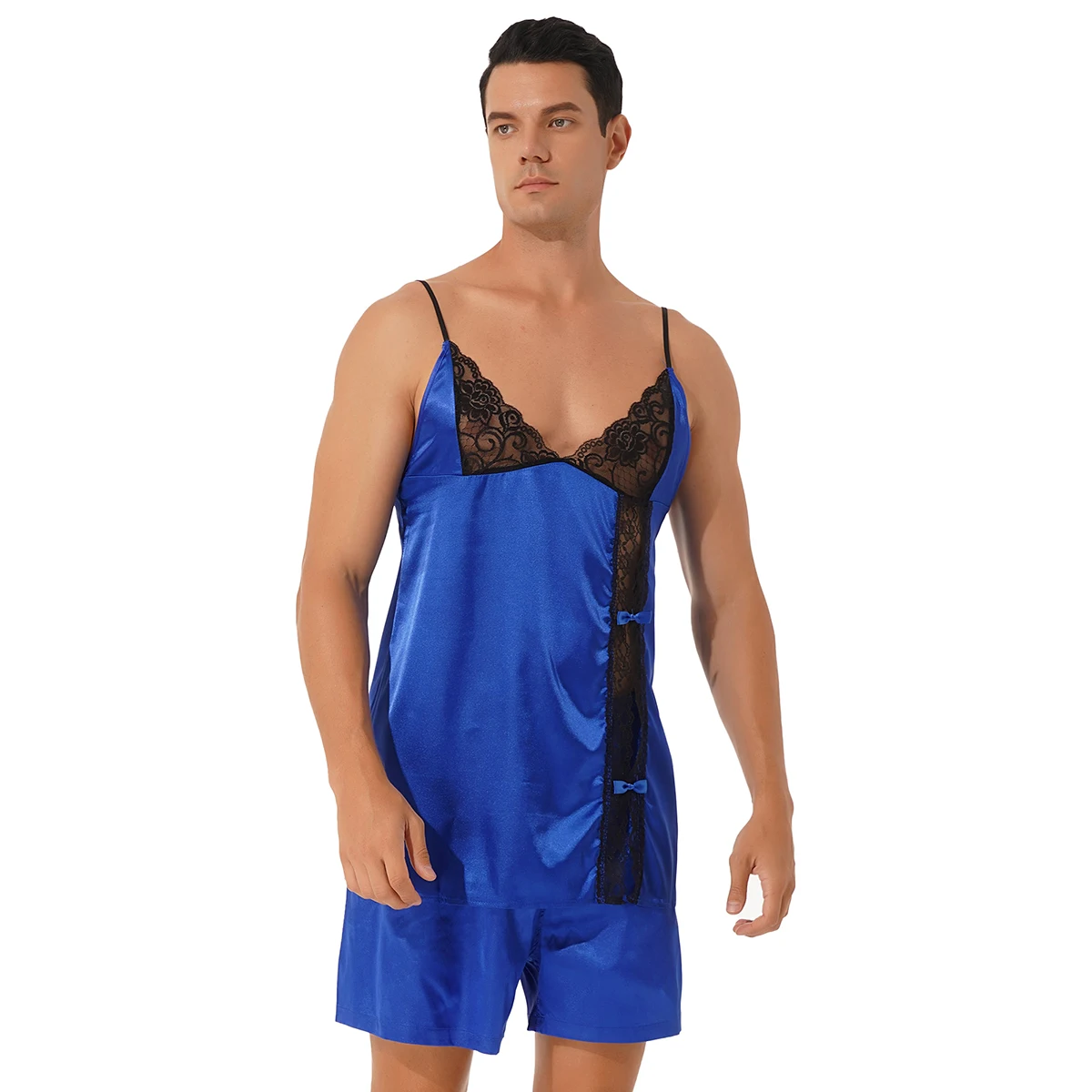 

New Men Satin Pajama Set Sissy Gay Underwear Sleepwear 2021 Summer Nightwear Spaghetti Strap V Neck Lace Top Pyjama Mujer Shorts