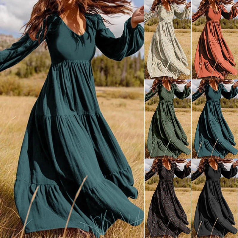 ZANZEA 2022 Stylish Ruffle Maxi Dress Casual Puff Sleeve Tunic Vestidos Female Solid Robe Women's Autumn Sundress