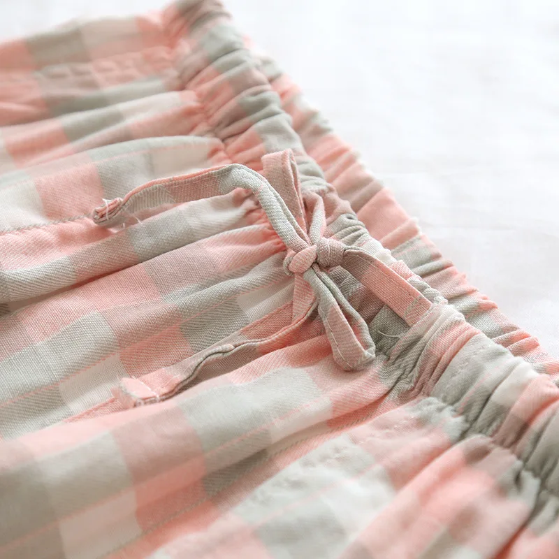 

Pyjama Shorts Summer Korte Broek Cotton Beach Style Couples Plaid Gauze Pajama Pants Casual Lace-up Elastic Waist Shorts