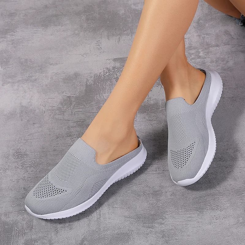 

Summer Women Casual Shoes Breathable Mesh Half Shoes Women Platform Vulcanized Shoes Ladies Knitted Half Loafers Chaussure Femme