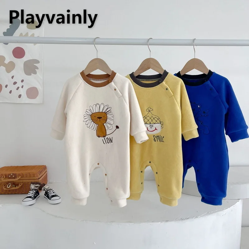

2021 Korean Style Winter Baby Girl Boy Romper Beige Yellow Round Collar Cartoon Lion Fleece Jumpsuit Infant Warm Clothes E2253