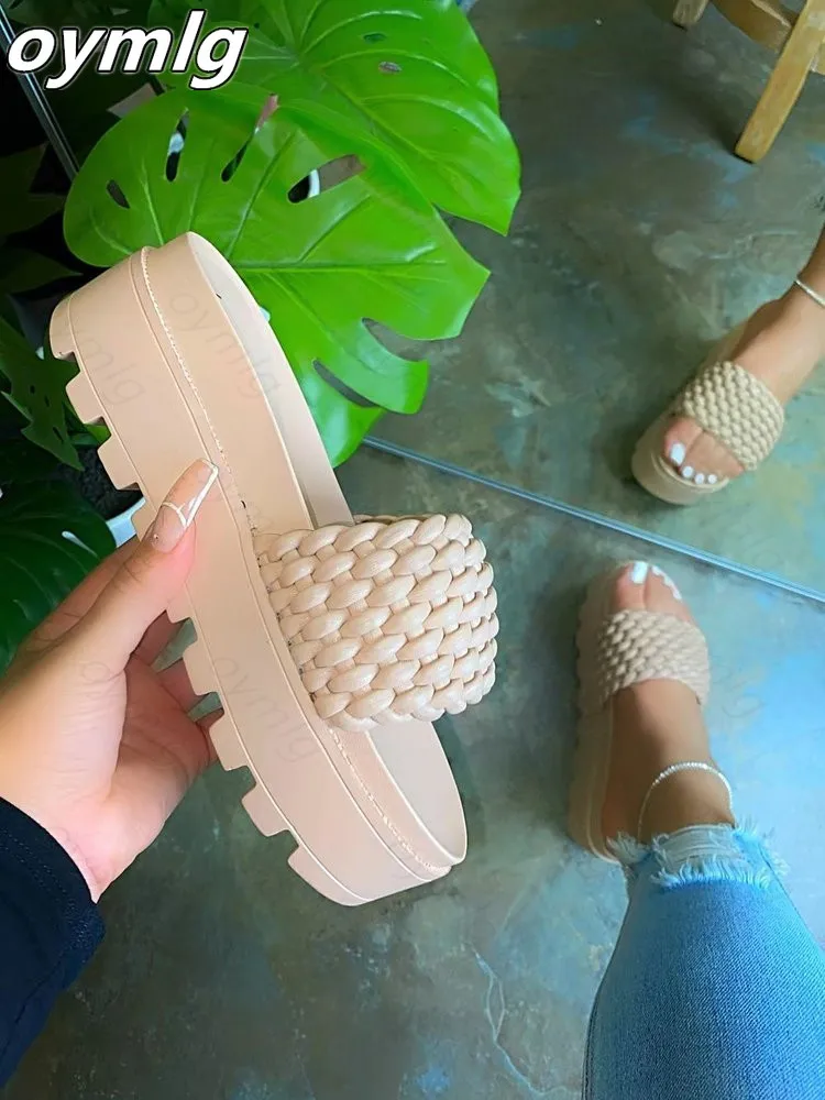 

Women's sandals slippers 2021 summer new style fashion thick-soled flat woven solid color indoor slippers