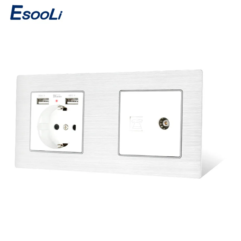 Разъем Esooli с алюминиевой металлической панелью европейского стандарта USB + 1