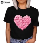 Женская футболка в стиле Харадзюку, Повседневная футболка с розовым сердцем и розовыми цветами, уличная одежда в стиле 90-х, Прямая поставка