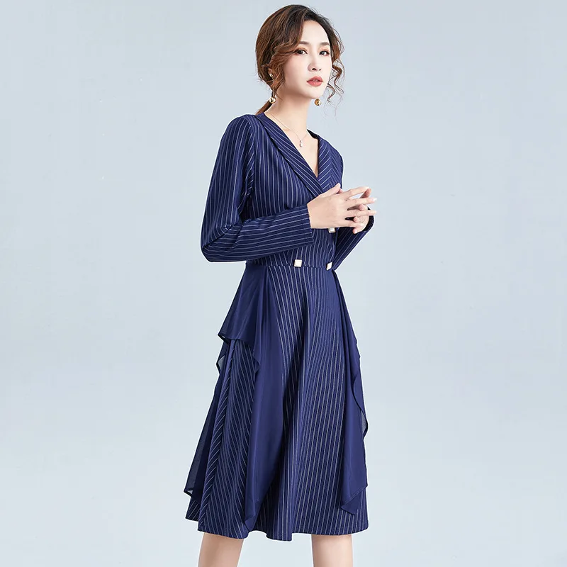 wreeima blue Stripe Women Dresses Office Lady Elegant Dress Turn-Down Collar Long Sleeve 2019 Autumn Button knee length | Женская одежда