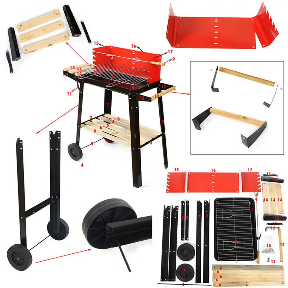 

Grill Steel Wood Outdoor Thickening Barbecue Rack Portable Moving with Plastic Wheels and Roaster Kit Barbecue Furnace