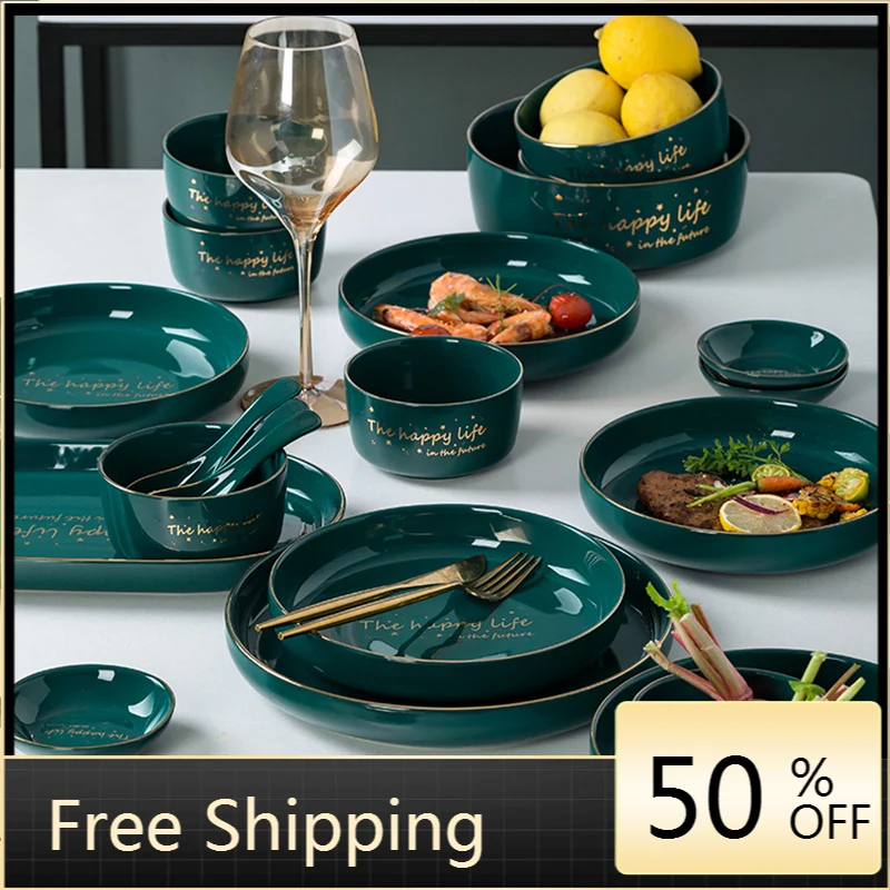 

Portable Plate Set Porcelain Tableware Kitchen Dinner Set Plates And Dishes Green Cutlery Set Pratos De Jantar Conjunto Dish Set