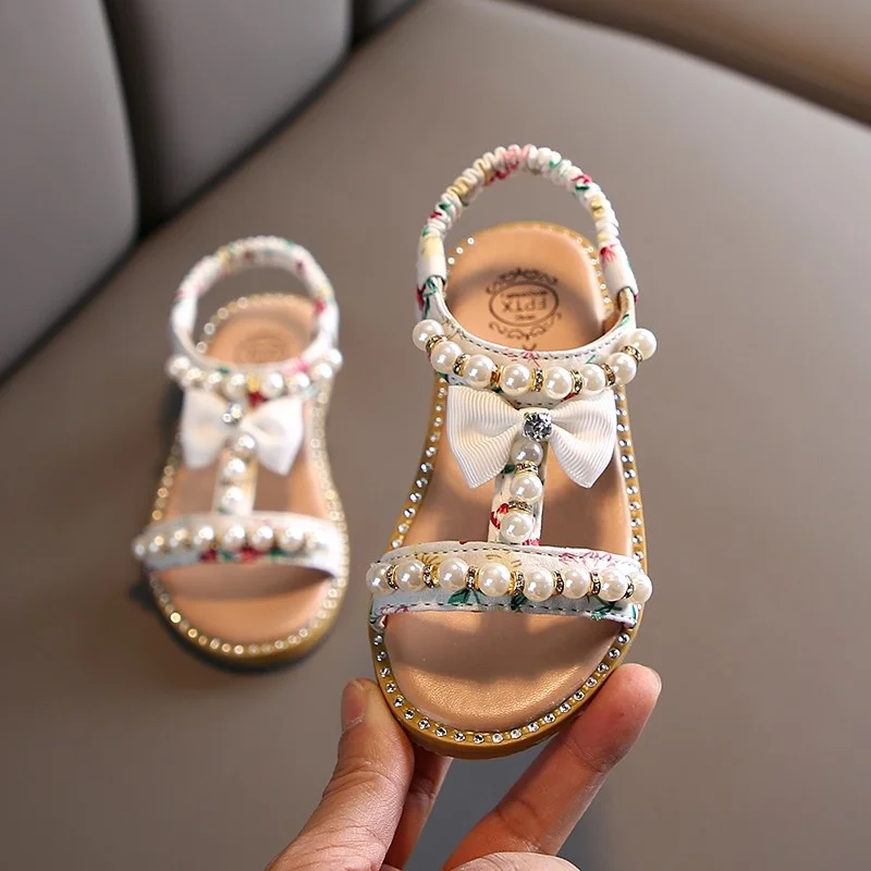 Baby Little Girls Summer Pearl Sandals 2021 New Beading Bow Princess Dress Shoes Flat Beach Toddler Sandals 1 2 3 4 5 6 Year Old