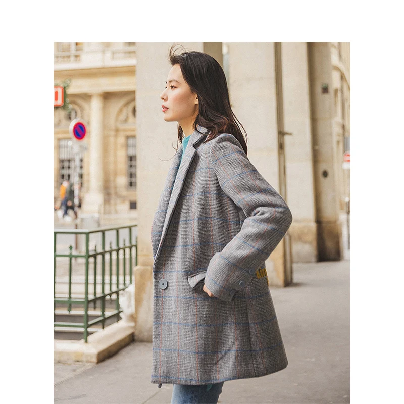 INMAN 2019 Winter New Arrival Turn Down Collar Waist Lacing One Button Embroidery Plaid Woolen Suit Coat |