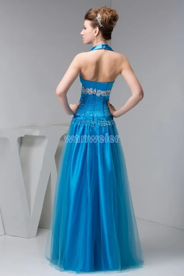 

free shipping 2016 new design gown brides maid hot sale blue appliques beading beach halter Custom size/color evening dresses