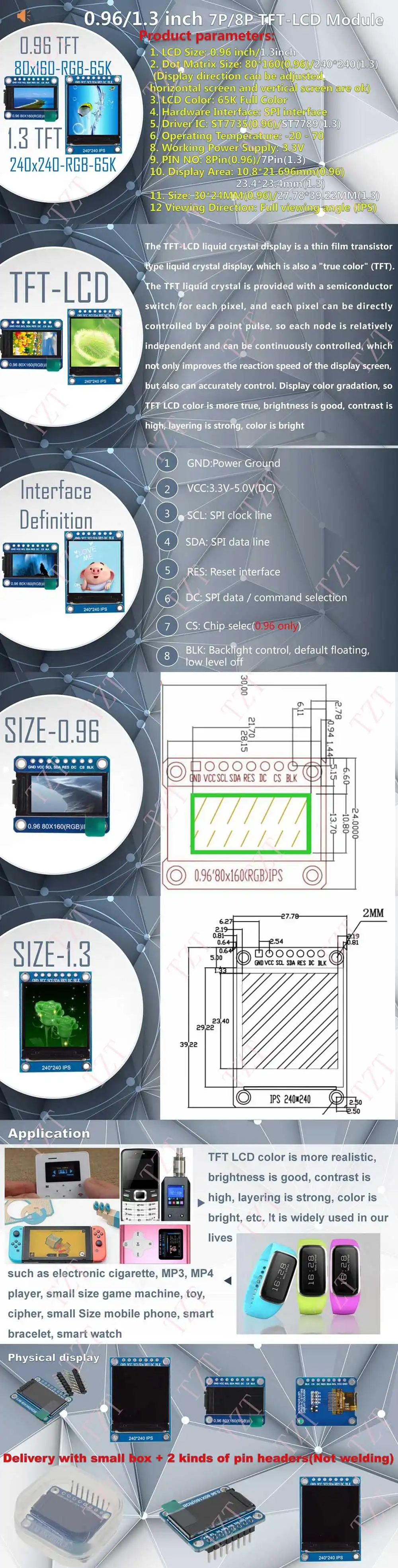 TZT TFT дисплей 0,96/1,3 дюймов ips 7P SPI HD 65K полноцветный ЖК-модуль ST7735 Привод IC 80*160(не OLED) для Arduino
