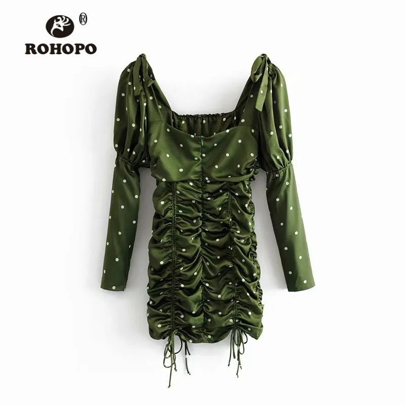 ROHOPO длинный Пышный рукав бант плечо драпировка Bodycon зеленый платье Белый полк