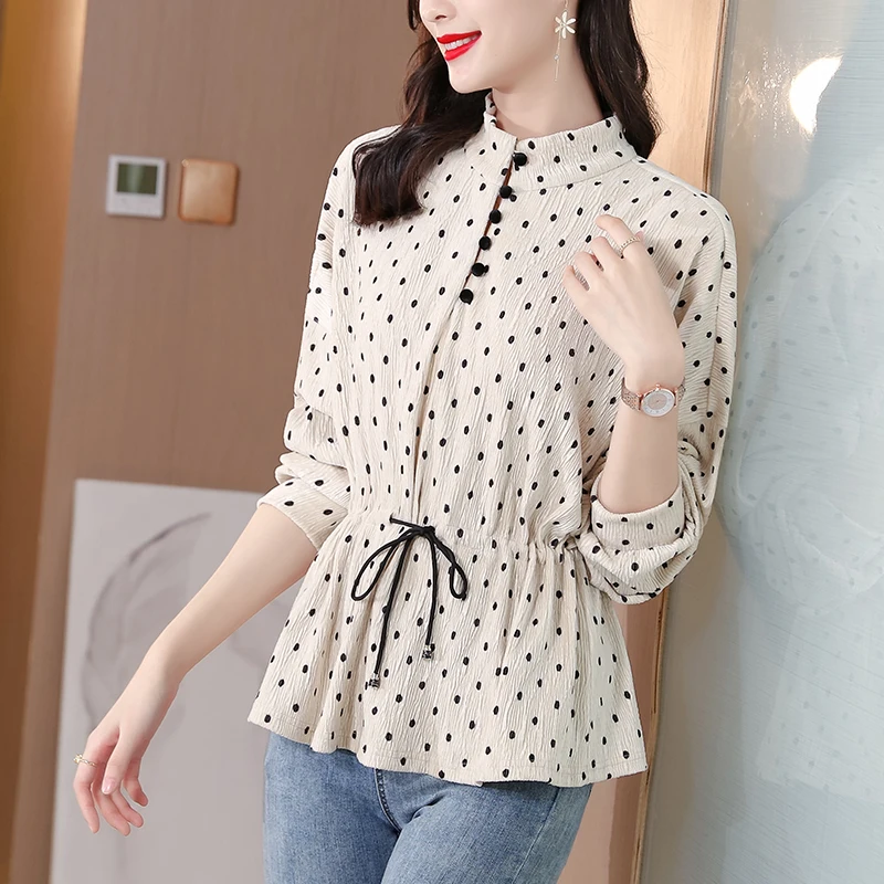 

Womens Blouses Fashion Stand-up Collar Polka Dot Casual Shirt Gold Velvet Waist Drawstring Womens Tops Basic OL Button Up Blouse