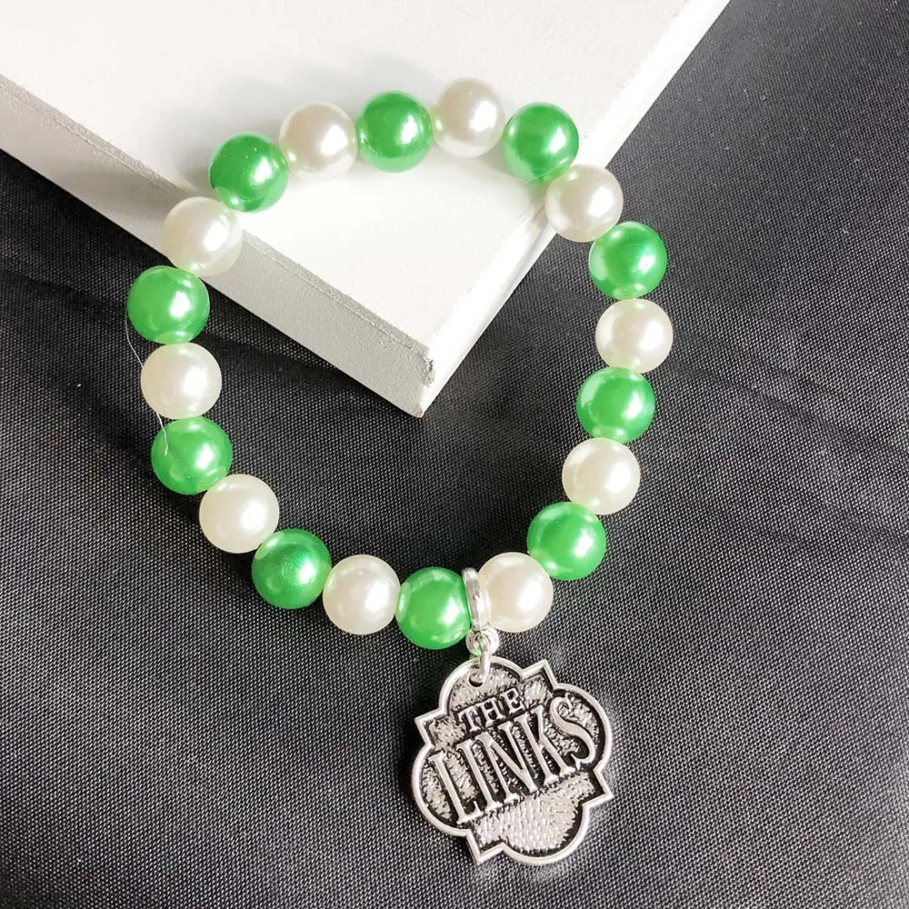 

Handmade Greek Sorority White Green Pearl Crystal Greek Letter LINKS Women Bracelet Jewelry Custom Fashion