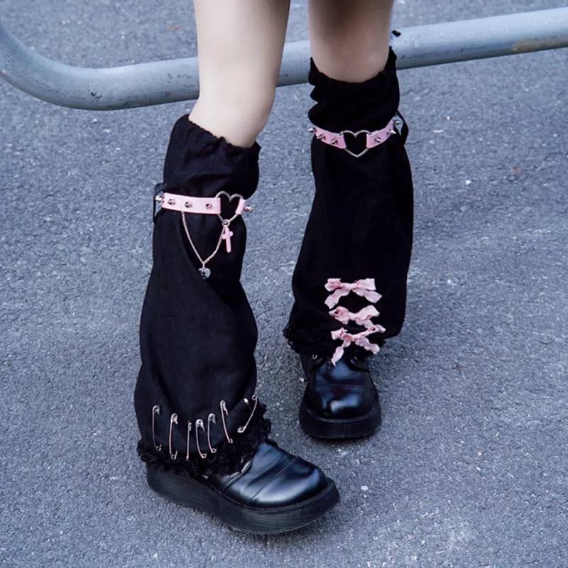 Lolita-Calentadores de piernas de ante para mujer, medias largas cálidas con remaches góticos rosas, cubiertas de pies Punk para otoño e invierno, Y2K