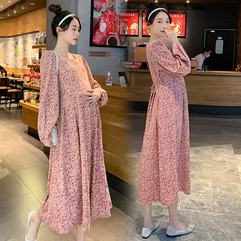 

701# 2021 Spring Floral Printed Corduroy Maternity Long Party Dress Long Sleeve Loose Clothes for Pregnant Women Chic Pregnancy
