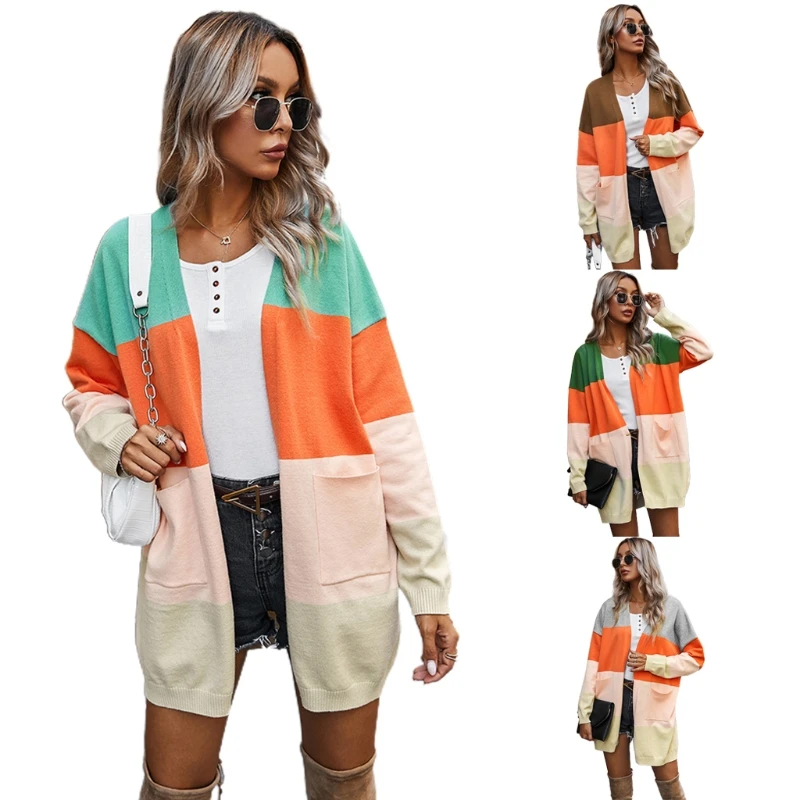 

Women Color Block Stripes Cardigan Long Sleeve Knitted Sweater Coat with Pockets M5TE