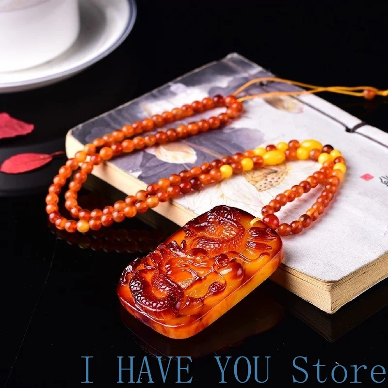 

Amber Old Beeswax Red Leather Dragon Brand Pendant Flying Yellow and Flying Dragon In The Sky for Men and Women Sweater Chain