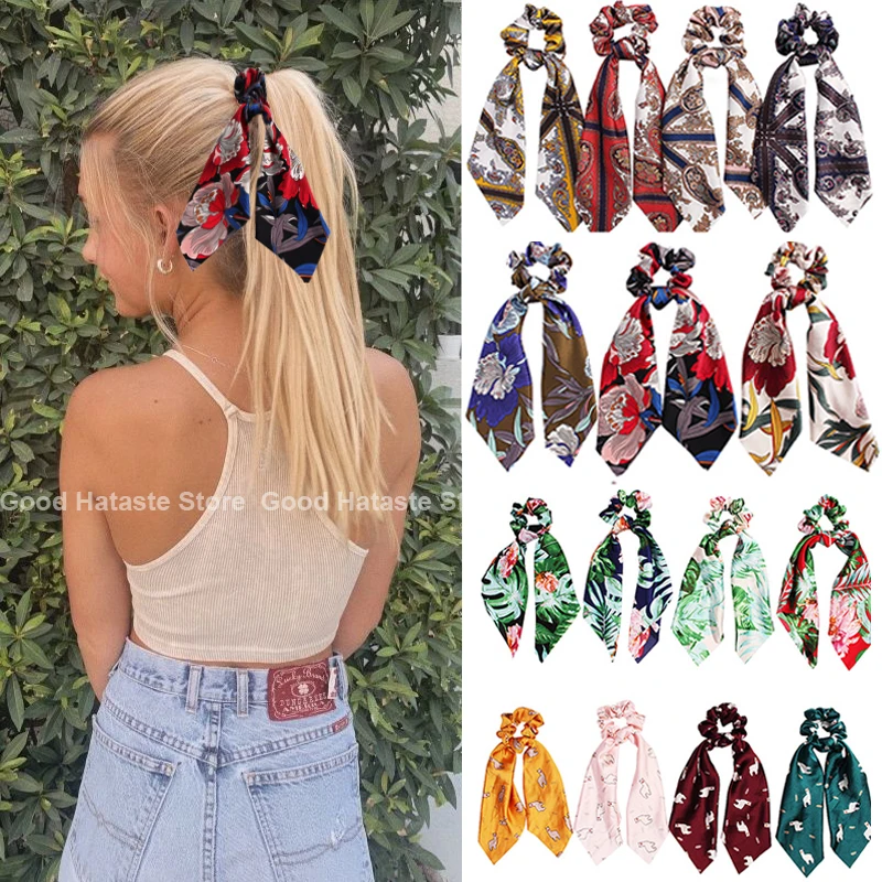 

2021 New Bohemian Print Hair Scrunchie Bows Ponytail Holder Hairband Bow Knot Scrunchy Women Girls Hair Ties Hair Accessories