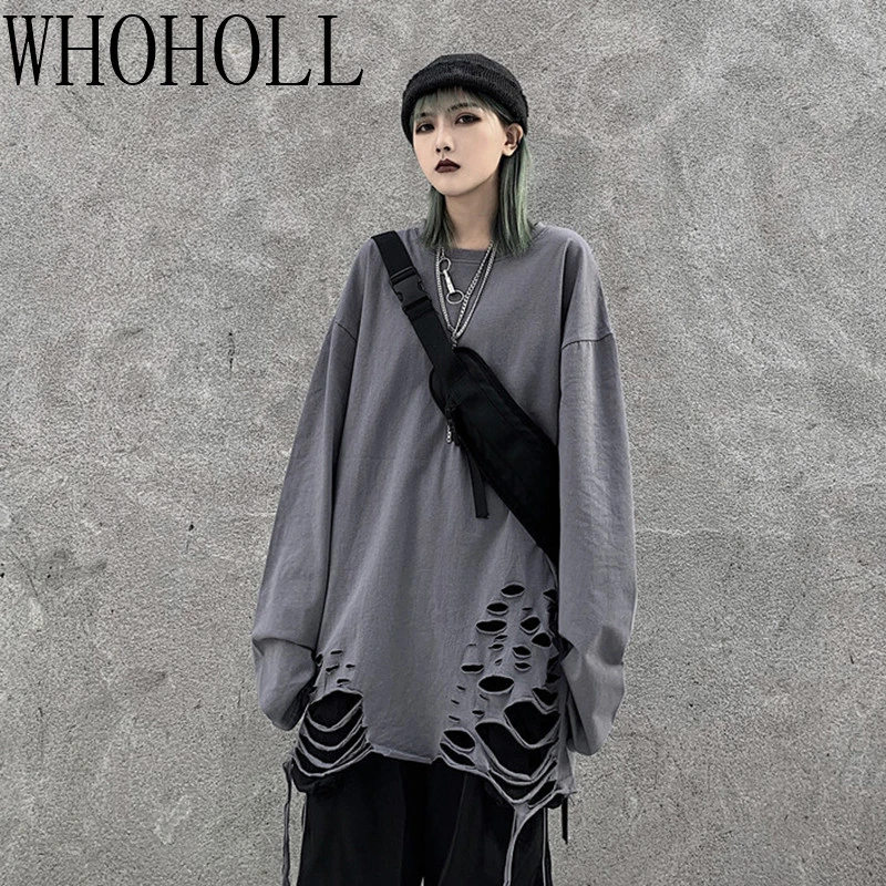 

WHOHOLL Базовая футболка с дырочками для женщин, осень 2020, новая свободная футболка в Корейском стиле с длинными рукавами, Белый Топ, женская од...