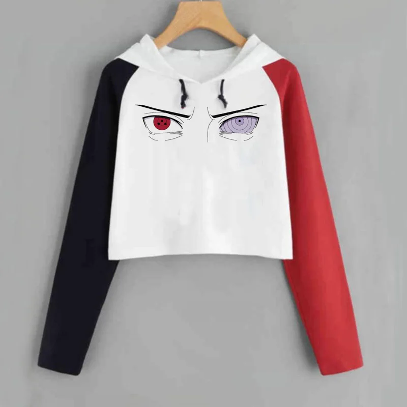 Harajuku аниме толстовки для женщин Наруто укороченная Толстовка Uchiha Uzumaki Hatake Eyes пуловер с рисунком толстовка хип хоп Уличная - Цвет: 23