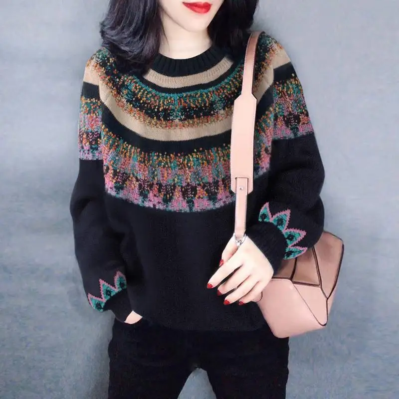 

Casual Ethnic Style Stitching Round Neck Black Sweater 2021 Winter New Versatile Sweater