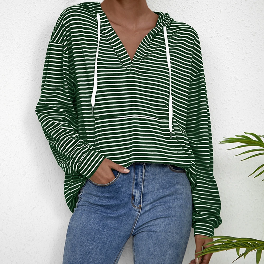 

Women's Hooded Tops Female Striped Long Sleeve Autumn Winter Shirt