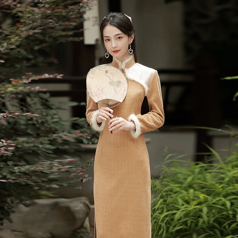 

High-end Slim Mid-length Cheongsam Womem Fur Collar Plus Velvet Traditional Chinese Dress Vintage Plus Size Qipao Winter Fashion