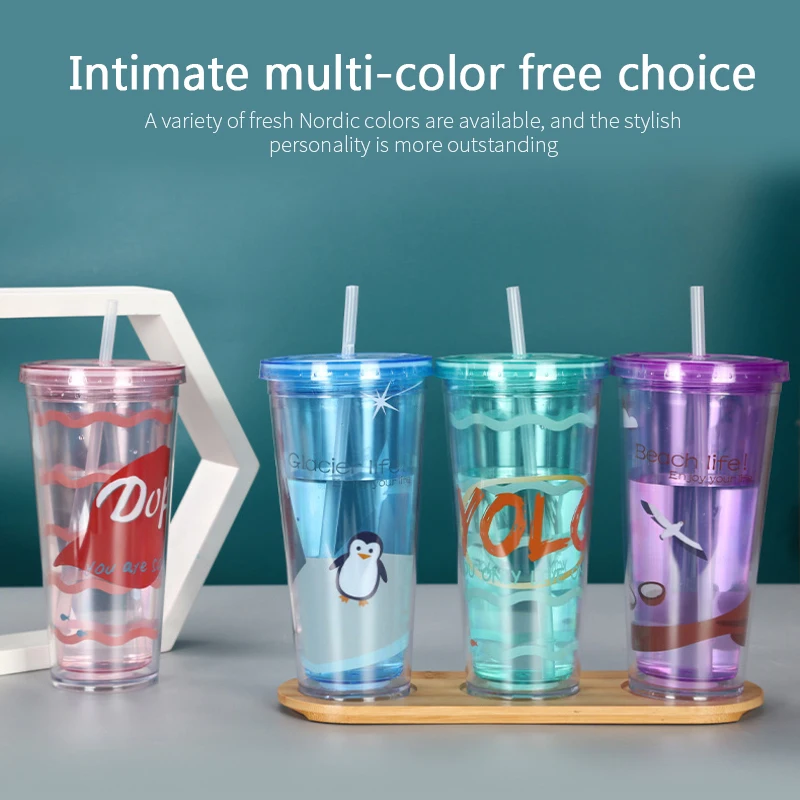600ml Transparent Plastic Bottle Double-layer Water Bottles With Lid Straw Cup Reusable Cups For Student Girl Gift | Дом и сад