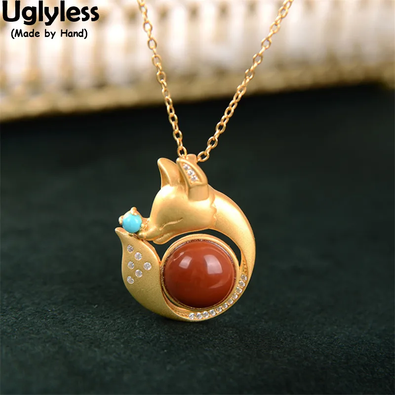 

Uglyless Naughty Fox Playing Tail Animals Necklaces for Women Gifts Jewelry Gold 925 Silver Agate Turquoise Pendants + Chains