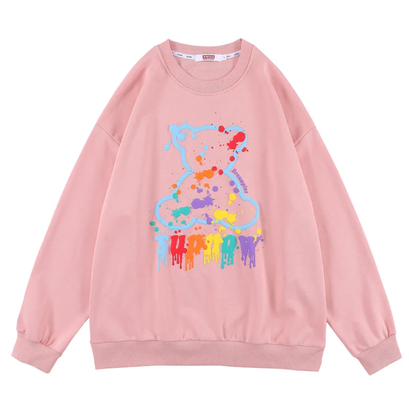 

2021 Autumn Winter Hip-hop Splash Ink Bear Color Foam Printing Sweater Loose High Street Sweater Round Neck Long Sleeves Sweater