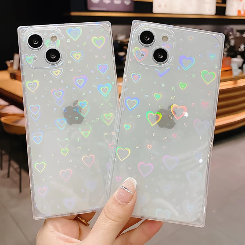 

Laser Love Heart Square Phone Case For iphone 12 13 11 Pro XS Max X XR 7 8 Plus SE 2020 Silicone Soft TPU Clear Back Cover