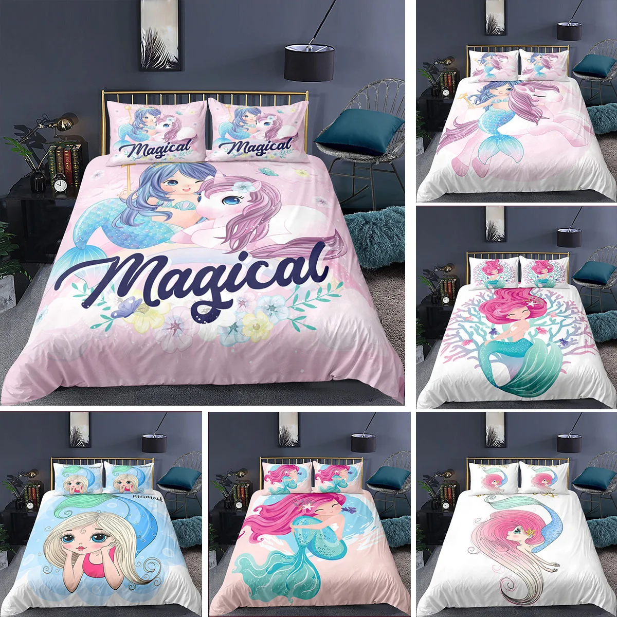 

Children Fashion Beautiful Cartoon Mermaid New Design 3D Bedding Sets Duvet Cover+Pillowcase Single Twin Queen King Bed Set