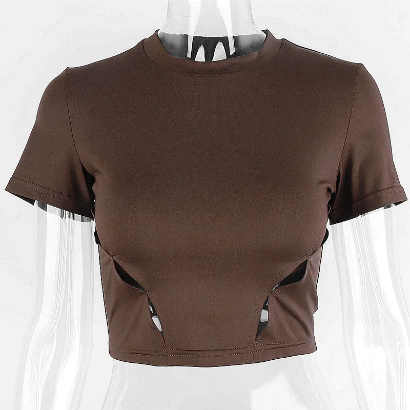 

ALLNeon E-girl Streetwear Hollow Out Short Sleeve Brown T-shirts Mall Goth Y2K O-neck Basic Crop Tops Punk Aesthetics Clothes
