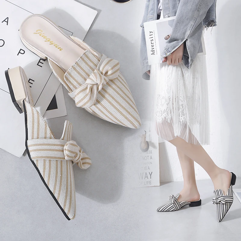 

Women Mules Slippers Pointed-Toe Flat Ladies Office Shoes Butterfly-knot Decoration Women Shoes Summer Slides