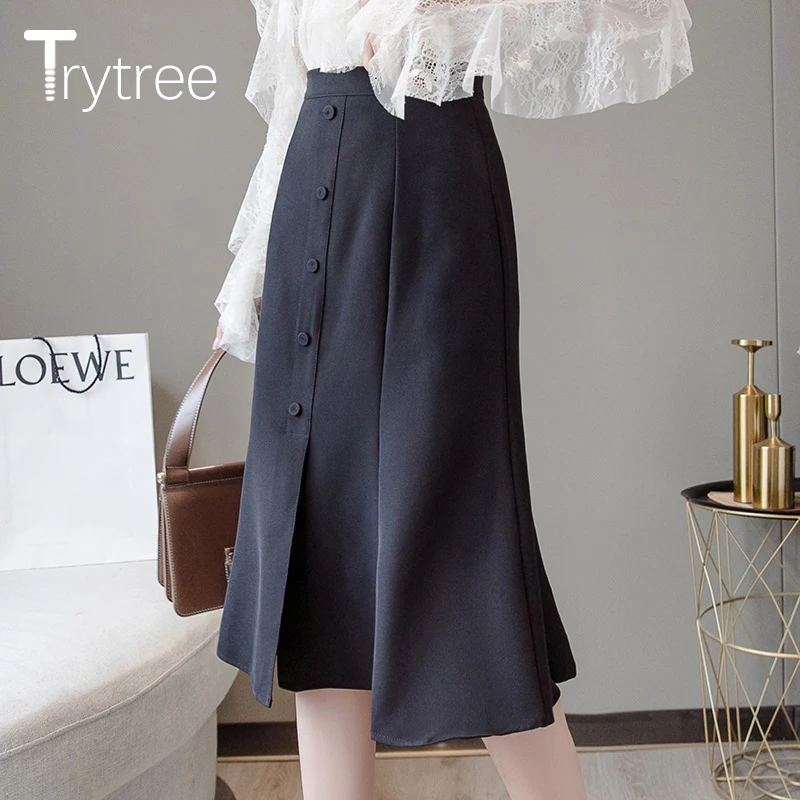 Trytree осень зима женская повседневная юбка сплошной Полиэстер высокая талия