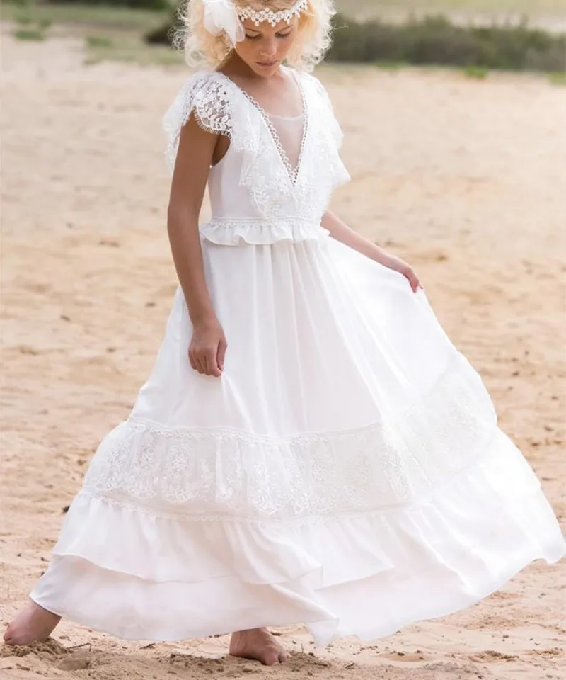 Sheer V Neck Boho Flower Girl Dresses for Beach Wedding Spring Country Girl Dress country girl