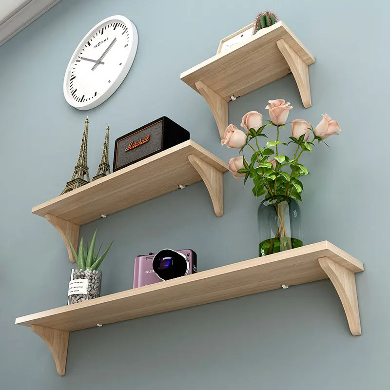 

Punch Free Wooden Layered Floating Shelves Wall Mount Pine Wood Hanging Shelf TV Background Wall Decor Ornaments Storage Rack