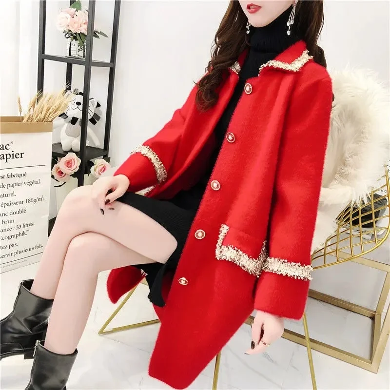 

Пальто из искусственного меха норки, женские кардиганы, свитер, куртка, пальто на осень и зиму, длинная Повседневная Свободная вязаная верхняя одежда, женская красная ветровка