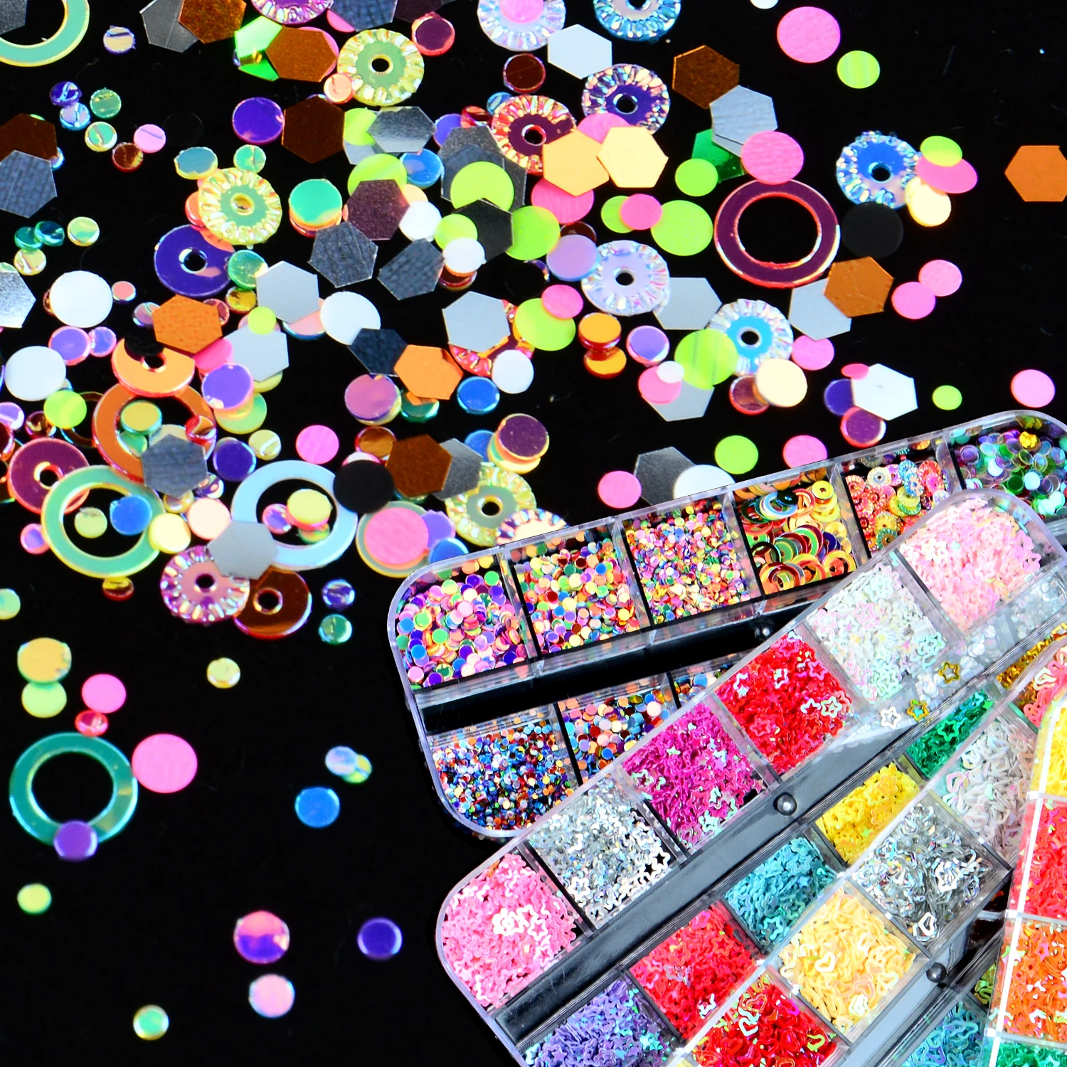 

12 Grids/Box mixed size Colorful Nail Glitter Flakes Hollow circle Round Nail Art Sequins Decorations Acrylic Manicure tools