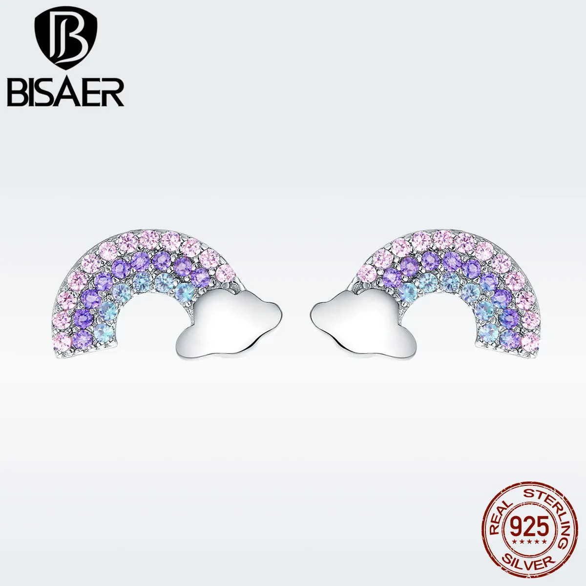 BISAER 925 пробы, серебряные серьги-гвоздики с радугой и облаком для женщин, кубический цирконий, маленькие серьги-гвоздики для девочек, режим GXE578