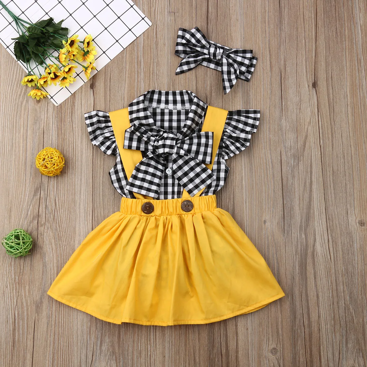 3Pcs Toddler Baby Girl Clothing Set Checks T-shirt Top Skirt Dress Headband Plaid Baby Outfit Casual Kids Clothes Girls Clothing
