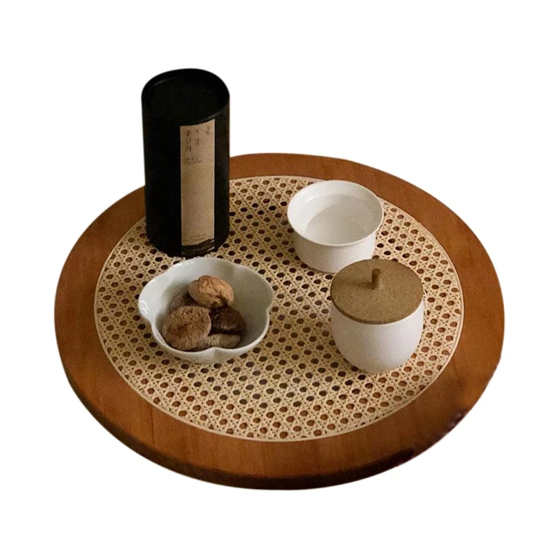 

AD55 45cm Hand-Woven Rattan Decoration Round Plate Ornaments Storage Tray with Handle Bread Fruit Food Breakfast Display
