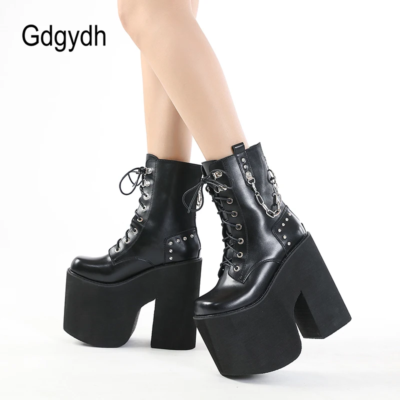 

Gdgydh Goth Rivet emo Shoes Platform Heeled Boots Women Big Size Chain Metal Decoration Chunky Heels Combat Boots Mid Calf