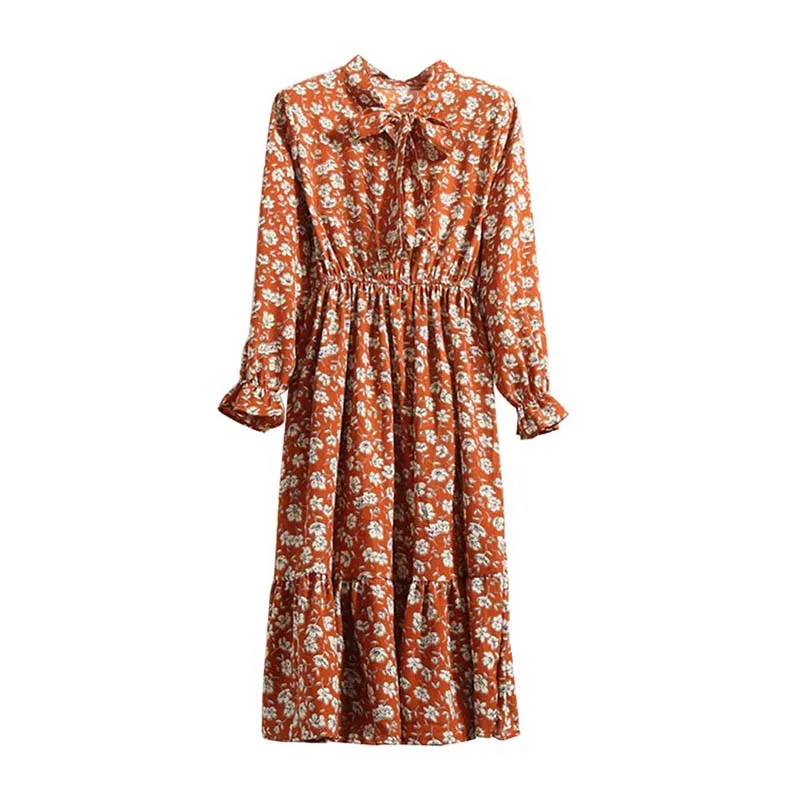

Summer Chiffon Floral Print O Neck Bandage Long Sleeve Dress Women Boho High Waist Beach Party Casual Streetwear Dresses