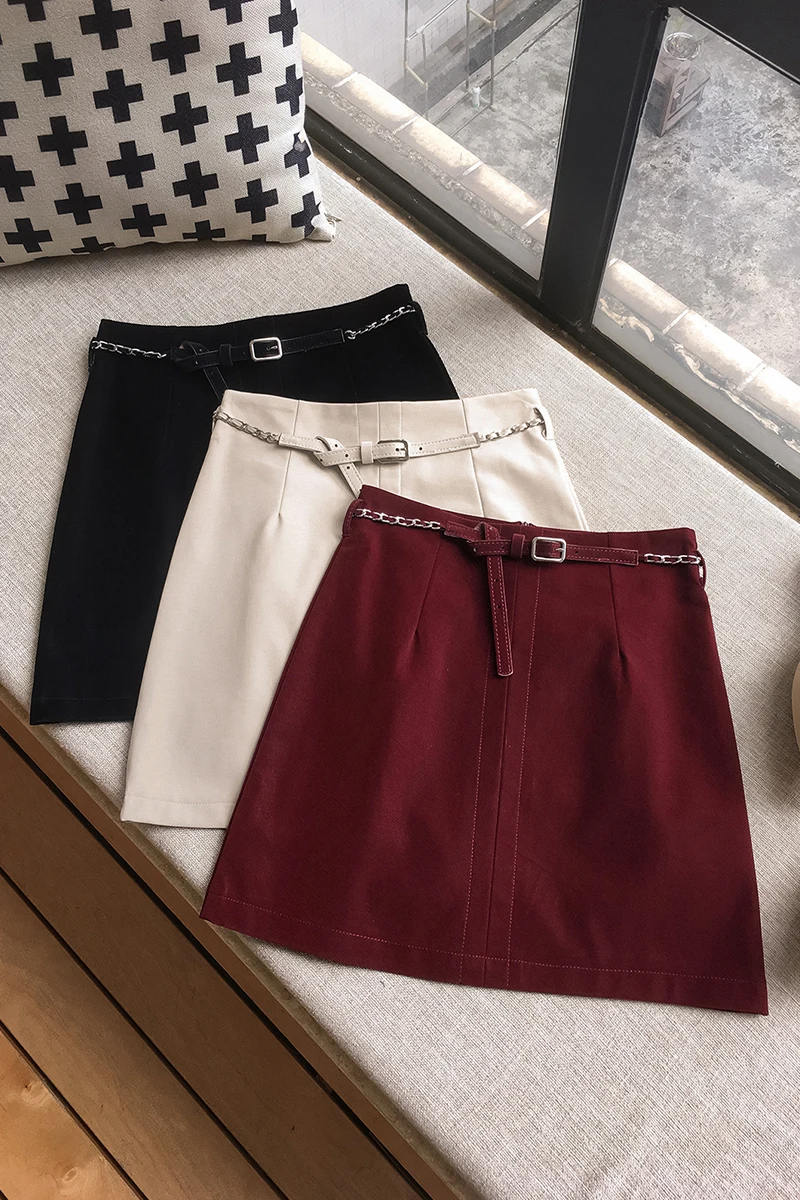 

PU Black Leather Skirt for Women Chain Waist Belt A-line Sexy Punk Fall Season Above Knee High Waist With Sashes